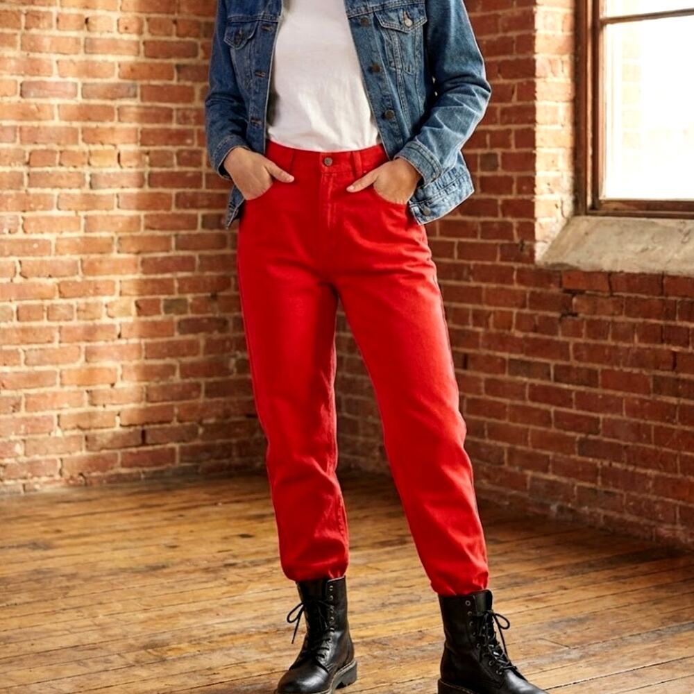 Vintage 80s Oscar De Larenta High Rise Straight Leg Jeans Red Stone Wash Women 8